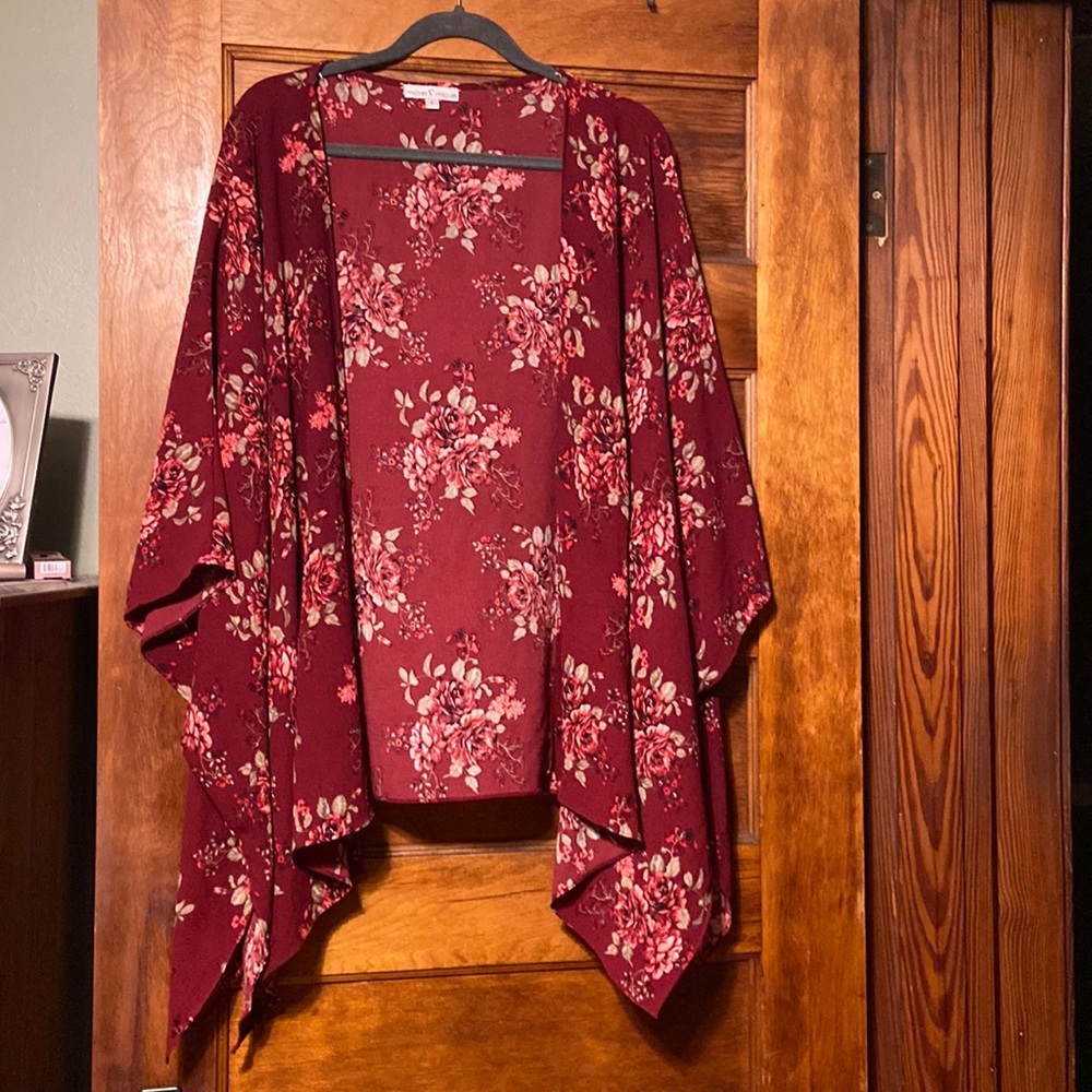 Floral Open Front Kimono - Burgundy